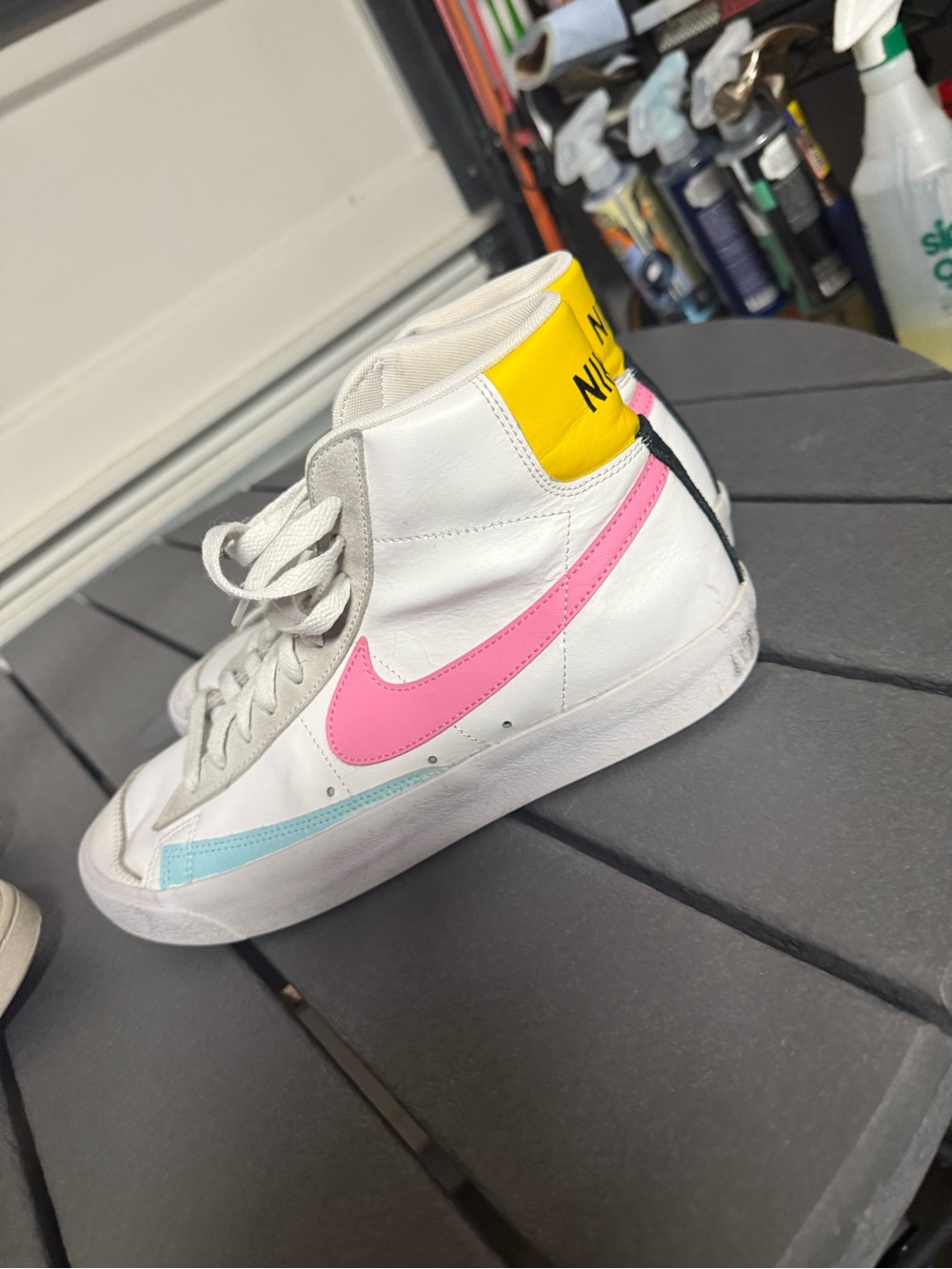 Nike Women' White High-Top Sneakers with Pink & Light Blue Accents Blazers